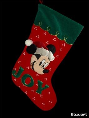 Vintage Disney Christmas Stocking Velvet & Puffy Applique Mickey Mouse Santa